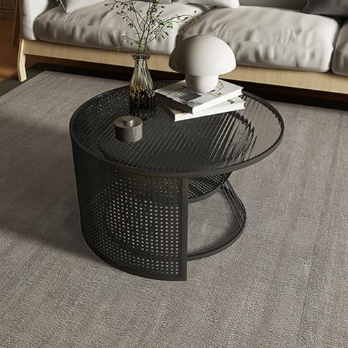 OAKVYNE Couchtisch Rund Aus Glas – 2er Set Mit Kratzfester Oberfläche & Eisenrahmen – Beistelltisch Für Wohnzimmer & Schlafzimmer, Loft Design 2 In 1 Verschachtelung(Black,60CM/23.6IN) von OAKVYNE