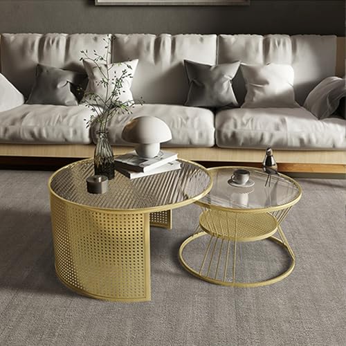 OAKVYNE Couchtisch Rund Aus Glas – 2er Set Mit Kratzfester Oberfläche & Eisenrahmen – Beistelltisch Für Wohnzimmer & Schlafzimmer, Loft Design 2 In 1 Verschachtelung(Gold,60CM/23.6IN) von OAKVYNE