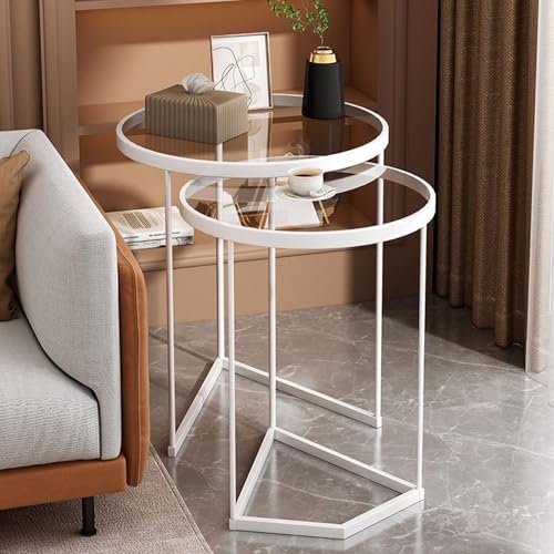 OAKVYNE Couchtisch Rund Aus Glas – 2er Set Mit Kratzfester Oberfläche & Eisenrahmen – Beistelltisch Für Wohnzimmer & Schlafzimmer, Loft Design 2 In 1 Verschachtelung(White) von OAKVYNE