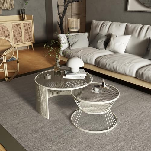 OAKVYNE Couchtisch Rund Aus Glas – 2er Set Mit Kratzfester Oberfläche & Eisenrahmen – Beistelltisch Für Wohnzimmer & Schlafzimmer, Loft Design 2 In 1 Verschachtelung(White,70CM/27.5IN) von OAKVYNE