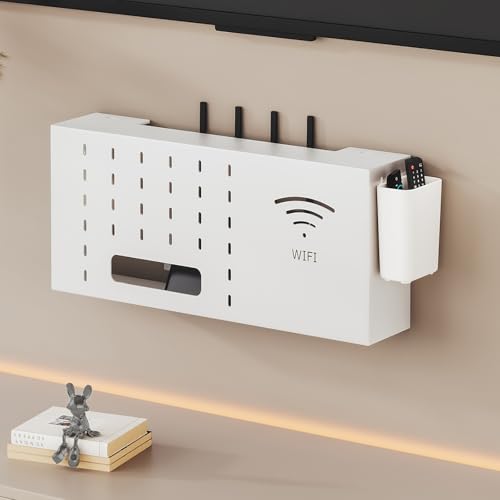 OAKVYNE Home Router Aufbewahrungsbox Versteckte WLAN-Router-Box, An Der Wand Montiertes Metall-Router-Aufbewahrungsbox-Regal, Schwimmende Modem-Abdeckung Für Zuhause Und Büro(White,60cm/23.62") von OAKVYNE