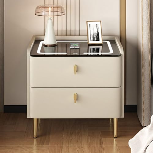 OAKVYNE Moderner Nachttisch 2er Set Moderner modischer Holzkommode mit Schubladen und Nachtkommode mit Ladestation, 2 USB-Anschlüssen und LED für Schlafzimmer, Wohnzimmer(Beige) von OAKVYNE