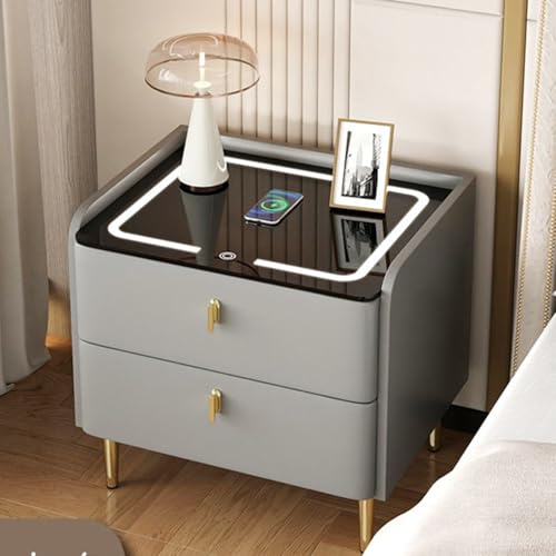OAKVYNE Moderner Nachttisch 2er Set Moderner modischer Holzkommode mit Schubladen und Nachtkommode mit Ladestation, 2 USB-Anschlüssen und LED für Schlafzimmer, Wohnzimmer(Gray-A) von OAKVYNE