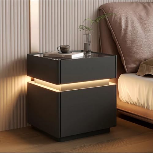 OAKVYNE Moderner Nachttisch 2er Set Moderner modischer Holzkommode mit Schubladen und Nachtkommode und LED für Schlafzimmer, Wohnzimmer intelligenter nachttisch mit geheimfach(Black-A) von OAKVYNE
