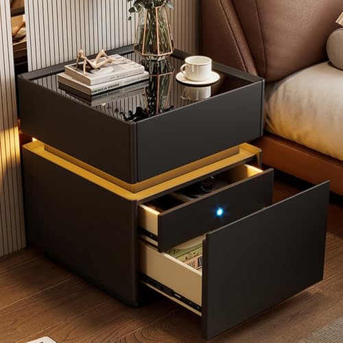 OAKVYNE Moderner Nachttisch 2er Set Moderner modischer Holzkommode mit Schubladen und Nachtkommode und LED für Schlafzimmer, Wohnzimmer intelligenter nachttisch mit geheimfach(Black-B) von OAKVYNE