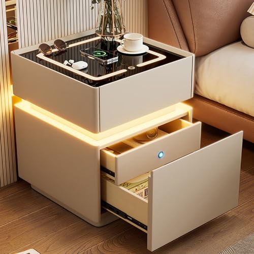 OAKVYNE Moderner Nachttisch 2er Set Moderner modischer Holzkommode mit Schubladen und Nachtkommode und LED für Schlafzimmer, Wohnzimmer intelligenter nachttisch mit geheimfach(Khaki-B) von OAKVYNE