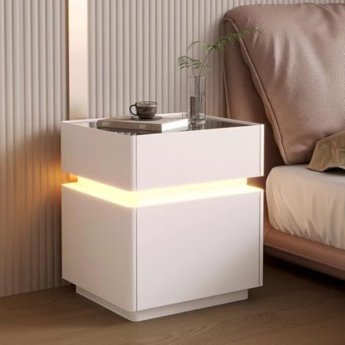 OAKVYNE Moderner Nachttisch 2er Set Moderner modischer Holzkommode mit Schubladen und Nachtkommode und LED für Schlafzimmer, Wohnzimmer intelligenter nachttisch mit geheimfach(White-A) von OAKVYNE