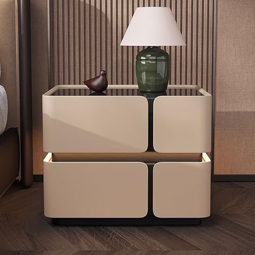 OAKVYNE Nachttisch mit Schubladen, intelligenter Nachttisch mit LED-Sensor-Licht, PU-Leder-umwickelter Schlafzimmer-Holznachttisch, Boden, keine Installation erforderlich (Khaki, 50 x 40 x 48 cm) von OAKVYNE