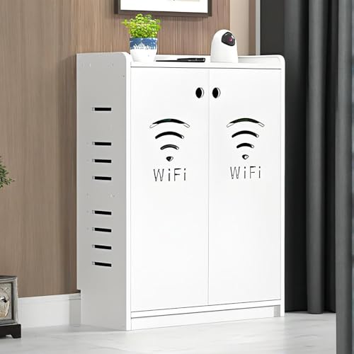OAKVYNE Router Schrank, Home Router Aufbewahrungsbox Versteckte WLAN-Router-Box, Organizer Für Freistehende Bodenschränke, Doppelstöckiges Regal Für Zuhause Und Büro(White,50 * 80 * 25cm) von OAKVYNE