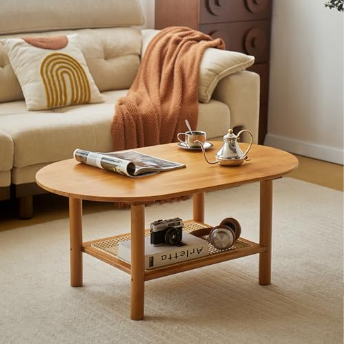 OAKVYNE Wohnzimmertisch aus Eichenholz mit Glasplatte und Rattankorb - Couchtisch mit Stauraum, Einfach zu Montieren für Schlafzimmer oder Büro(Cherry,120cm/47.2in) von OAKVYNE