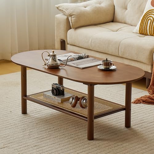 OAKVYNE Wohnzimmertisch aus Eichenholz mit Glasplatte und Rattankorb - Couchtisch mit Stauraum, Einfach zu Montieren für Schlafzimmer oder Büro(Walnut,100cm/39.3in) von OAKVYNE