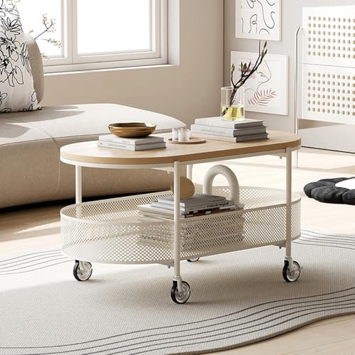 OAKVYNE Wohnzimmertisch mit Gehärteter Glasplatte und Rollen, Stabiles Metallgestell, Kaffeetisch mit Drehbaren Rädern, Praktisch für Büro oder Wohnzimmer(Original Wood Color) von OAKVYNE