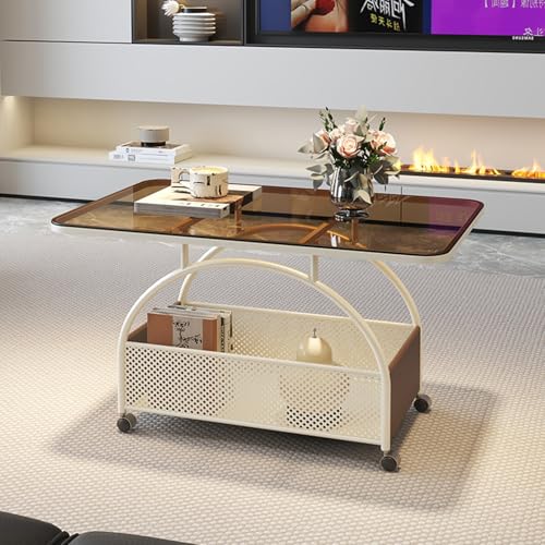 OAKVYNE Wohnzimmertisch mit Gehärteter Glasplatte und Rollen, Stabiles Metallgestell, Rechteckiger Kaffeetisch mit Drehbaren Rädern, Praktisch für Büro oder Wohnzimmer(Brown) von OAKVYNE