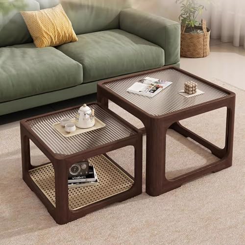 Wohnzimmertisch 2er Set aus Eichenholz mit Glasplatte und Rattankorb - Couchtisch mit Stauraum, Einfach zu Montieren für Schlafzimmer oder Büro(Walnut Color) von OAKVYNE