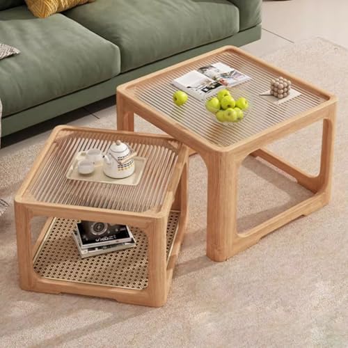 Wohnzimmertisch 2er Set aus Eichenholz mit Glasplatte und Rattankorb - Couchtisch mit Stauraum, Einfach zu Montieren für Schlafzimmer oder Büro(Wood Color) von OAKVYNE