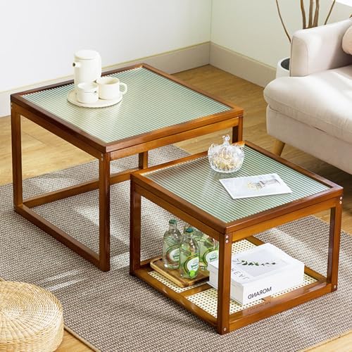 Wohnzimmertisch 2er Set aus Sicherheitsglas – Moderner Couchtisch mit Stauraum, Rattan-Geflecht & Bambusrahmen, Einfach zu Montieren für Schlafzimmer und Büro(Brown) von OAKVYNE