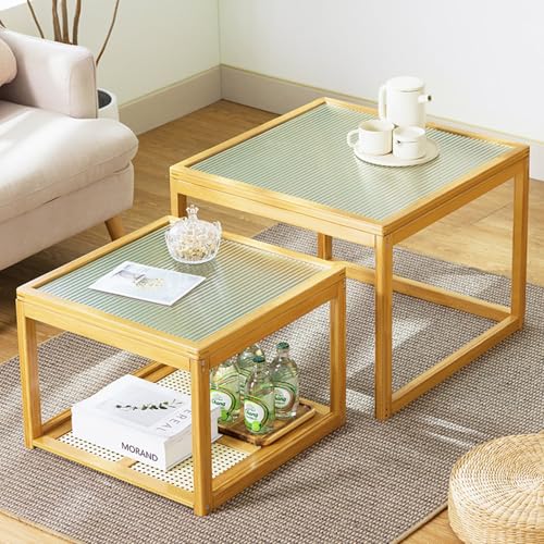 Wohnzimmertisch 2er Set aus Sicherheitsglas – Moderner Couchtisch mit Stauraum, Rattan-Geflecht & Bambusrahmen, Einfach zu Montieren für Schlafzimmer und Büro(Primary Color) von OAKVYNE