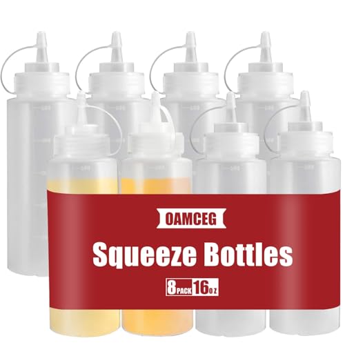 OAMCEG 16OZ Gewürz Squeeze Flaschen, 8 Stück Kunststoff WürzpressflaschenSqueeze Squirt Flasche mit Diskreten Messungen, Quetschflasche für Ketchup BBQ Saucen Sirup Gewürze, BPA frei von OAMCEG