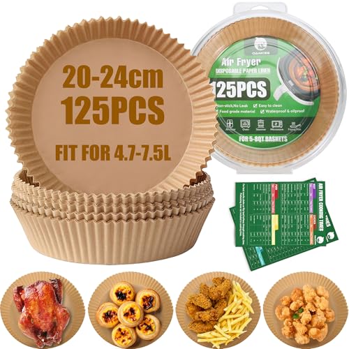 OAMCEG Airfryer Backpapier für Heißluftfritteuse 4.7-7.5L - 125 Stück Rundes 20–24cm Pergamentpapier Einweg Nicht Klebend Zubehör - mit Rezepten für Frittieren, Backen, Kochen bei Familienessen von OAMCEG