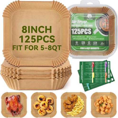 OAMCEG Air Fryer Paper Liners Quadratisch 4.7-7.5L Heißluftfritteuse - 125 Stück Backpapier 20–24cm aus Pergamentpapier Einweg Antihaft Zubehör - mit Rezeptideen für Backofen, Kochen, Braten von OAMCEG