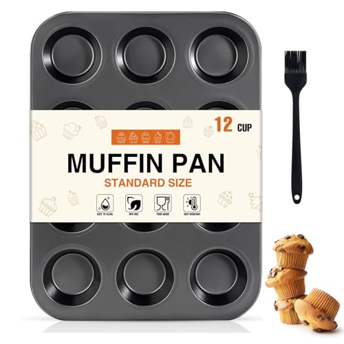 OAMCEG Muffinblech 12er – Backform aus Karbonstahl mit Antihaftbeschichtung & Silikonpinsel, langlebige & wiederverwendbare Muffinform in Dunkelgrau (35x27x3 cm) für Cupcakes, Muffins (1 Pack) von OAMCEG