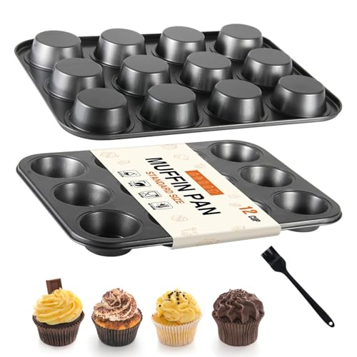 OAMCEG Muffinform 2er Set - Antihaft Muffinblech aus Kohlenstoffstahl mit Silikonpinsel, 12er Backformen (35x27x3 cm) für Muffins, Cupcakes, Wiederverwendbare Form Dunkelgrau für Backofen & Party von OAMCEG