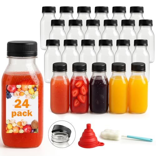 OAMCEG Plastikflaschen zum Befüllen 8oz – 24 Leere Saftflaschen mit Deckel, Wiederverwendbare Kunststoff Shot Smoothie Flasche – Trinkflaschen Set für Wasser, Mini-Getränke, Picknick, Saft, Milch von OAMCEG