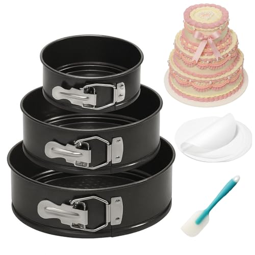 OAMCEG Backformen Springform Set 3 Stück – 10cm/18cm/22cm Runde Kuchenform aus Kohlenstoffstahl, Antihaftbeschichte & Auslaufsicher – Käsekuchenform mit 50 Pergament Backpapier & 1 Silikonspatel von OAMCEG