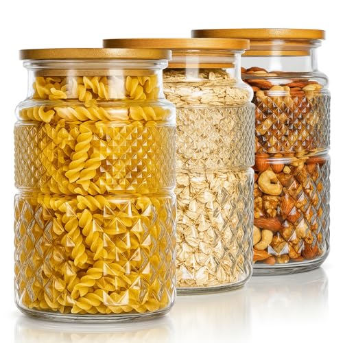 OAMCEG Glasbehälter mit Deckel 3 Stück Set 1800ml – 60oz Vorratsgläser mit Deckel Luftdicht Aufbewahrungsbox Küche Hochwertiges Vorratsglas mit Holzdeckel für Mehl Zucker Pasta Müsli Kaffee von OAMCEG