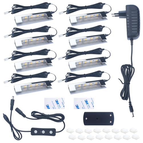 OASHISU Vitrinenbeleuchtung 8er Set 6 * 5050SMD Warmweiß LED- Glasbodenbeleuchtung inkl. 12V Netzteil mit Schalter, Clips warmweiß Glaskantenbeleuchtung für Vitrine, Regal, Tisch von OASHISU