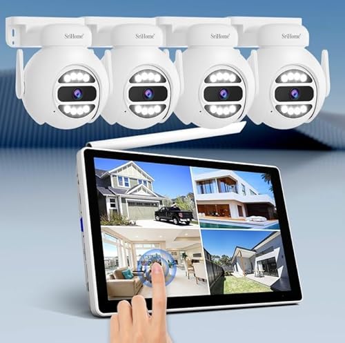 SriHome WiFi Videoüberwachungs-Set, 4 Kameras 5 MP, Monitor 10,1 Zoll, Nachtsicht, Bewegungserkennung, Fernanzeige von OBA