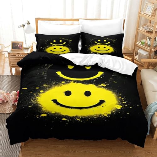 OBABO Gelber Smiley-Emoticon 3 Teilig Bettwäsche-Set - Dekorativ Bedruckte Microfaser Bettbezüge Und Kissenbezüge Für Coole Jungs Und Junge Erwachsene,das Studentenwohnheim Double（200x200cm） von OBABO