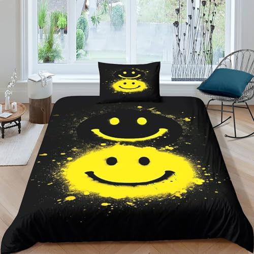 OBABO Gelber Smiley-Emoticon Bettwäsche 3D Aus Weiche Atmungsaktiv Mikrofaser Mit Reißverschluss Für Erwachsene Teenager Kinder Heimdekoration Bettbezug-Set Mit Kissenbezug Single（135x200cm） von OBABO