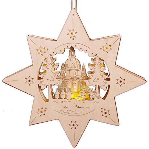 Beleuchtetes, weihnachtliches Fensterbild aus Holz, Stern mit Kirche, LED von OBC-Kunsthandwerk
