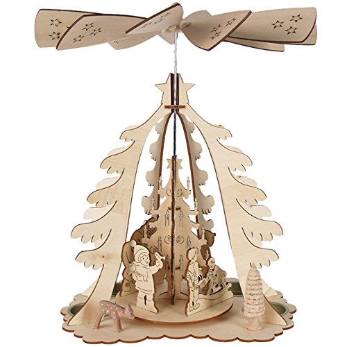 Weihnachts-Pyramide in Tannenform mit Teelichthaltern, H: 30 cm, Natur, gelasert, handbemalt im Kunsthandwerks-Stil von OBC-Kunsthandwerk
