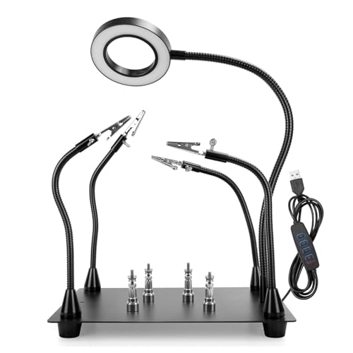 Magnetische helfende Hände Lötstation mit 4 flexiblen helfenden Händen, 5-facher Lupe und verstellbarem Licht mit 4 magnetischen Leiterplattenhalter auf großer rutschfester Basis für elektronische von OBDMONSTER