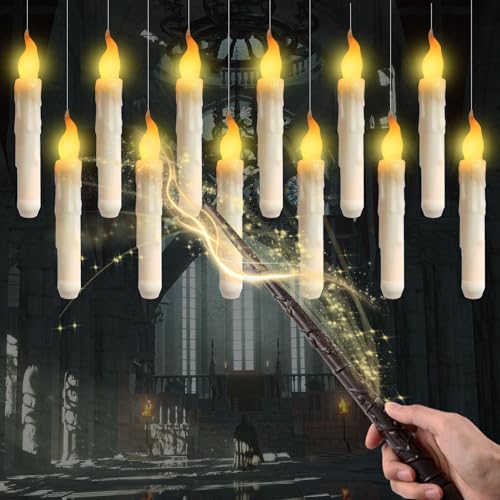 12 Stück Schwebende Kerzen mit Zauberstab, LED Stabkerzen mit Fernbedienung, Flackernde Flamme, Flammenlose Hängende Fliegende Kerzen für Halloween Deko, Weihnachtsdeko, Herbstdeko, Batteriebetrieben von OBEISN
