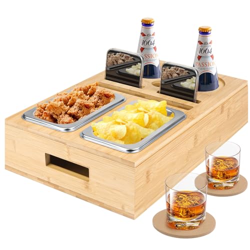 Couchbar, Couchbar Snackbox mit Snackschalen aus Edelstahl und Zwei Untersetzern, Sofa Butler, Couch Butler, Sofa Tablett, Couch Organizer, Couch Tablett Holz, Sofaorganizer von OBEISN