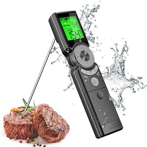 OBEST Küchenthermometer, intelligentes Grillthermometer, Warnung bei hoher Temperatur mit Timer, faltbare Sonde, Display in drei Farben, Thermometer für Lebensmittel, BBQ, Braten und Grill von OBEST