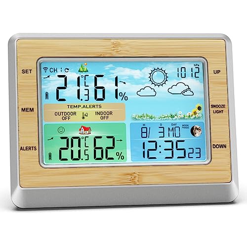 OBEST Wetterstation Funk mit Außensensor: 6" LCD Farb Weather Station, Digital Thermometer Hygrometer Innen und Außen, Wecker von OBEST