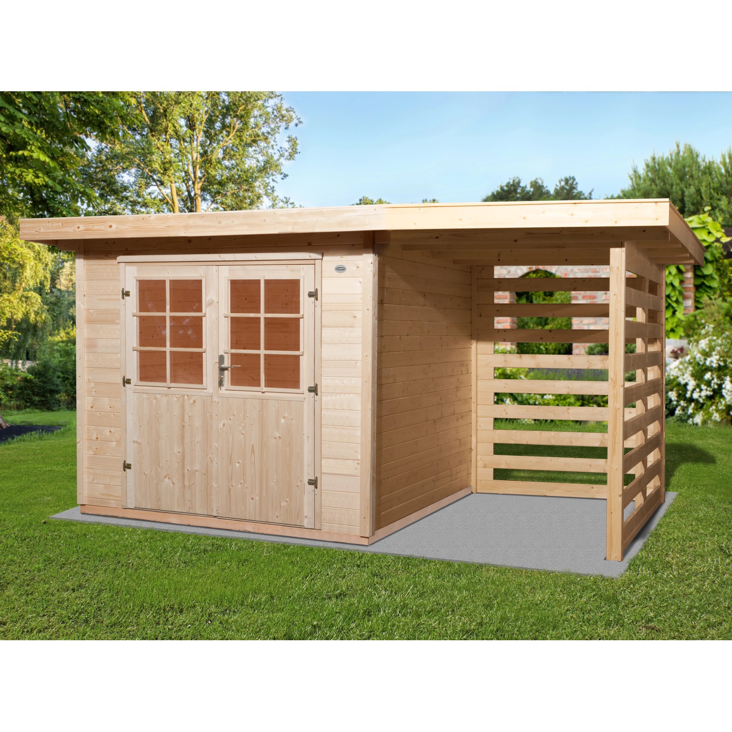 OBI Holz-Gartenhaus La Spezia Natur 385 cm x 209 cm davon 150 cm Anbaudach von OBI Outdoor Living