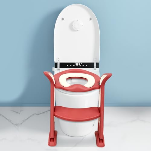 Toilettensitz Kinder mit Treppe, Töpfchen mit Leiter & PU Gepolstert, WC Sitz Kinder, Höhenverstellbar 34-44cm, Stabilen Rutschfester Tritt, Toilettenaufsatz für Kinder ab 1-7 jahre (Rosa) von OBLLER