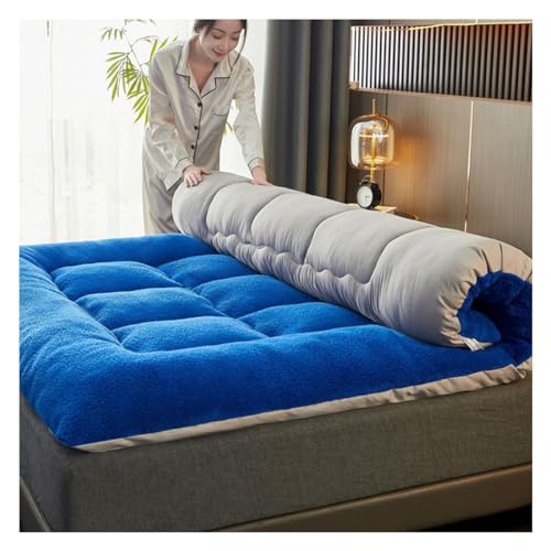 OBONG Gesteppte Matratzentopper Aus Lammwolle 120x200cm Weiche Flauschige Matratzenauflage Atmungsaktive Verdicken Gepolsterte Sherpa Fleece Futonmatratze (Color : Blauw, Size : King-150 * 200cm) von OBONG