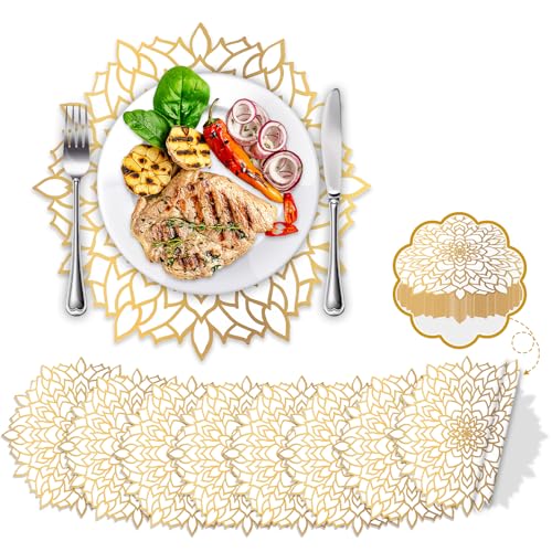 50 Stück Einweg-Gold-Metallic-runde Papier-Tischsets, rundes Blumenladegerät, Tischset, gepresstes Papier, runde Platzsets für Weihnachten, Hochzeit, Geburtstag, Party, Esstisch, Dekorzubehör von OBUSATT