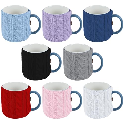 8 Stück gestrickte Kaffeetassen, gemütlich, wiederverwendbar, gehäkelt, Tassenwärmer mit Knöpfen, Wintergeschenk für Kaffee- und Teetrinker von OBUSATT