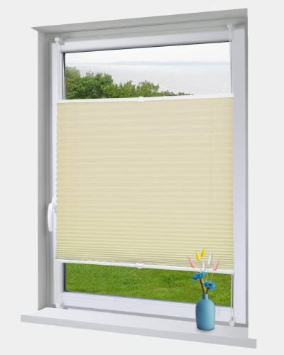 OBdeco Plissee Rollo Klemmfix ohner Bohren lichtdurchlässig Crushed Optik Faltrollo für Fenster und Türen Easyfix Creme 100x130cm von OBdeco