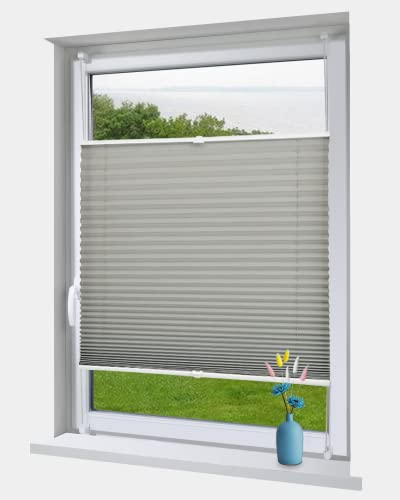 OBdeco Plissee Rollo Klemmfix ohner Bohren lichtdurchlässig Crushed Optik Faltrollo für Fenster und Türen Easyfix Hellgrau 100x130cm von OBdeco