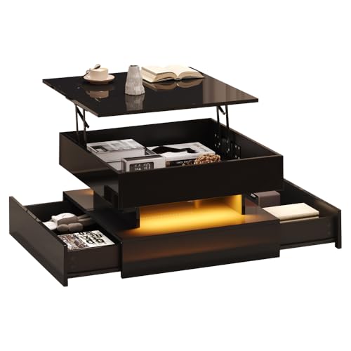 Anhebbarer Wohnzimmertisch,Beistelltisch,Hochglanz-Couchtisch mit LED-Lichtleiste, Sofatisch mit 2 Schubladen, Kaffeetisch mit geometrischem Design und verstecktem Stauraum,Schwarz 65 x 65 x 38.5 cm von OCACA