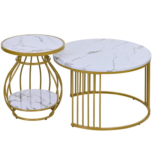 CouchTisch, Couchtisch 2er Set Rund Tisch Wohnzimmer Rund mit Metallgestell Beistelltisch Weiss Modern Satztische fürs Wohnzimmer, Weiß Gold Marmor Optik CouchTisch, Couchtisch 2er Set Rund Tisch Wohnzimmer Rund mit Metallgestell Beistelltisch Weiss Modern Satztische fürs Wohnzimmer, Weiß Gold Marmor Optik von OCACA