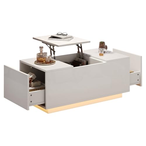 Couchtisch mit Hebeplatte, höhenverstellbar ausziehbar, Wohnzimmertisch mit 2 Schubladen, Sofatisch mit LED,Multifunktionaler Lift-up-Kaffeetisch, Schwarz 95*48*40cm (White + Particle Board) von OCACA